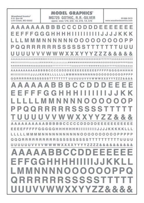 Dry Transfer Alphabet & Numbers - Railroad Gothic -- Silver, All Scales, Woodland Scenics 725