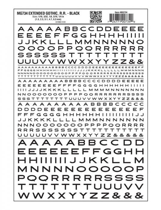 Dry Transfer Alphabet & Numbers - Extended Railroad Gothic -- Black, All Scales, Woodland Scenics 734