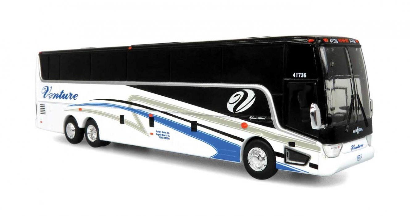 VanHool TX-45 Motorcoach Bus - Assembled -- Venture Tours (black, white, blue), HO, Iconic Replicas 870463