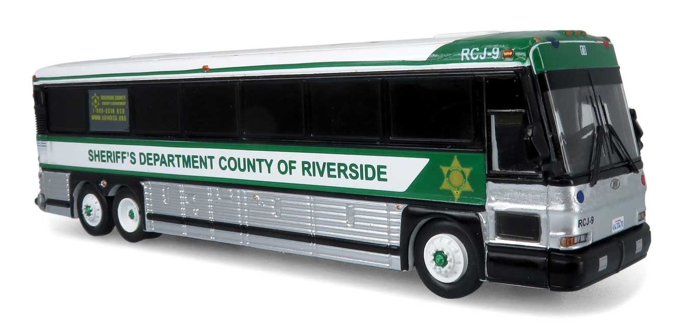 MCI D4000 Coach - Assembled -- Riverside County Sheriff (white, silver, green), HO, Iconic Replicas 870482