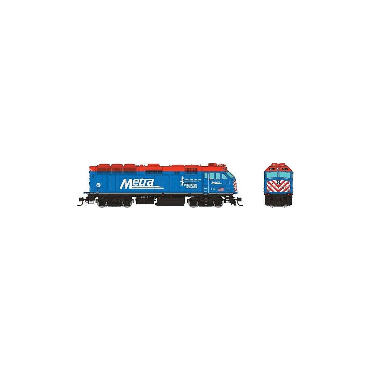 EMD F40PHM-2 - ESU LokSound V5 Sound and DCC -- Metra 214 (blue, red, black, white, Operation Lifesaver Logo), N, Rapido Trains 