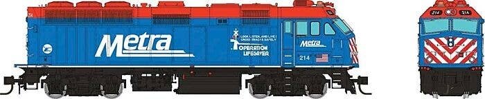 EMD F40PHM-2 - ESU LokSound V5 Sound and DCC -- Metra 214 (blue, red, black, white, Operation Lifesaver Logo), N, Rapido Trains 
