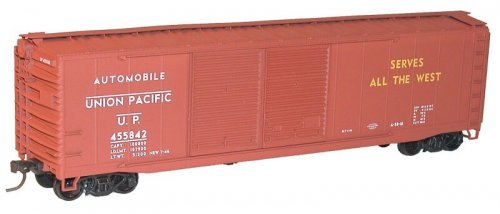 AAR 50′ Riveted-Side Double-Door Boxcar - Kit -- Union Pacific 455842 (Boxcar Red, Auto Service, yel, HO, Accurail Inc 5234