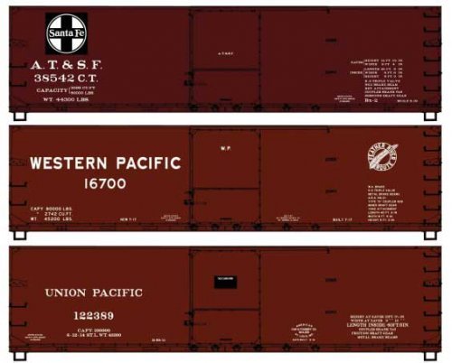 USRA 40′ Double-Sheathed Wood Boxcar 3-Pack - Kit -- Santa Fe 38542, Union Pacific 122389, Western P, HO, Accurail Inc 8178