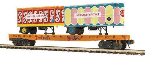 Flatcar with 2 20′ Trailers - 3-Rail - Ready to Run - Premier -- James E. Strates Shows 26 (orange flat, O, Atlas O 3002598