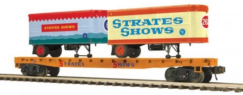 Flatcar with 2 20′ Trailers - 3-Rail - Ready to Run - Premier -- James E. Strates Shows 66 (orange flat, O, Atlas O 3002599