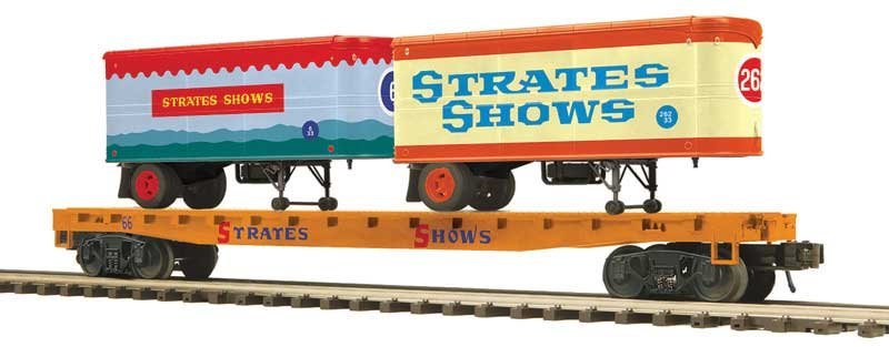 Flatcar with 2 20′ Trailers - 3-Rail - Ready to Run - Premier -- James E. Strates Shows 66 (orange flat, O, Atlas O 3002599