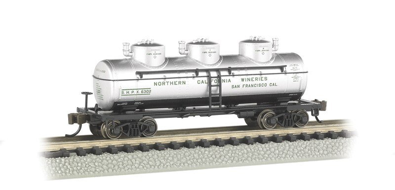 3-Dome Tank Car - Ready-to-Run -- Northern California Wineries (silver), N, Bachmann Industries 17153