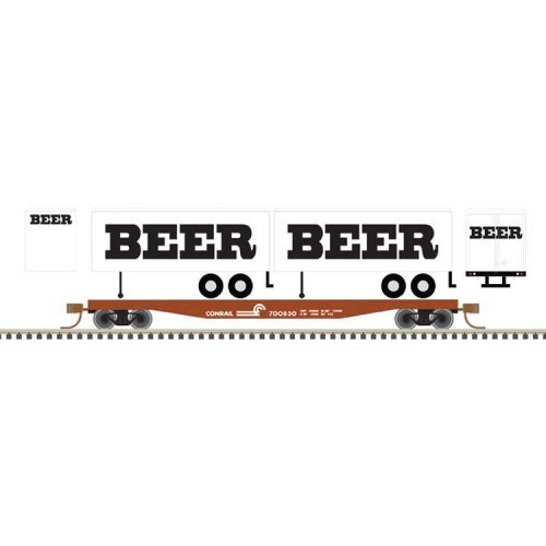 50` Piggyback Flatcar w/Two 24` Trailers - Ready to Run -- Conrail 700830 (BEER Trailers, white, blac, N, Trainman 50006517