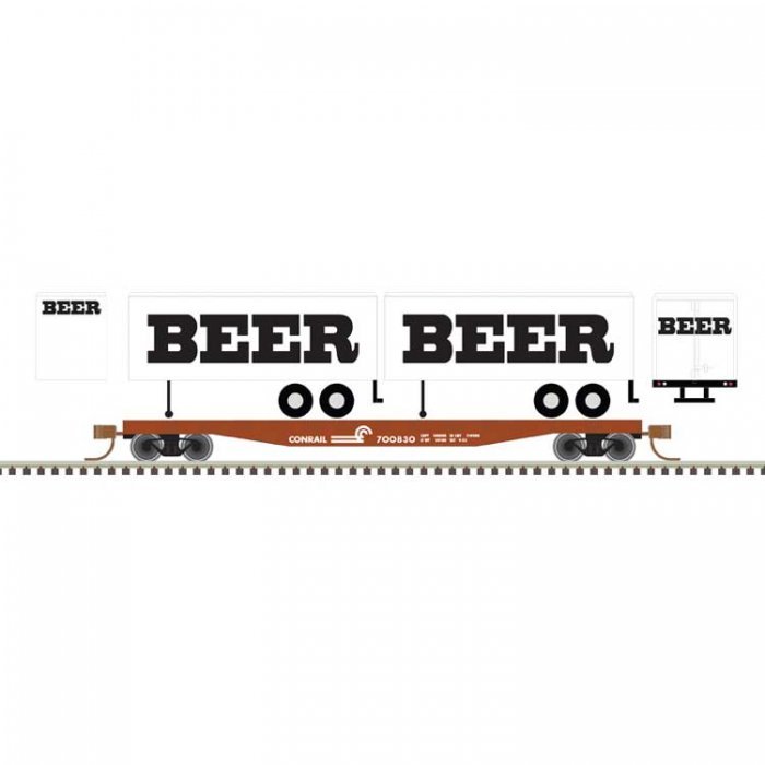 50` Piggyback Flatcar w/Two 24` Trailers - Ready to Run -- Conrail 700830 (BEER Trailers, white, blac, N, Trainman 50006517