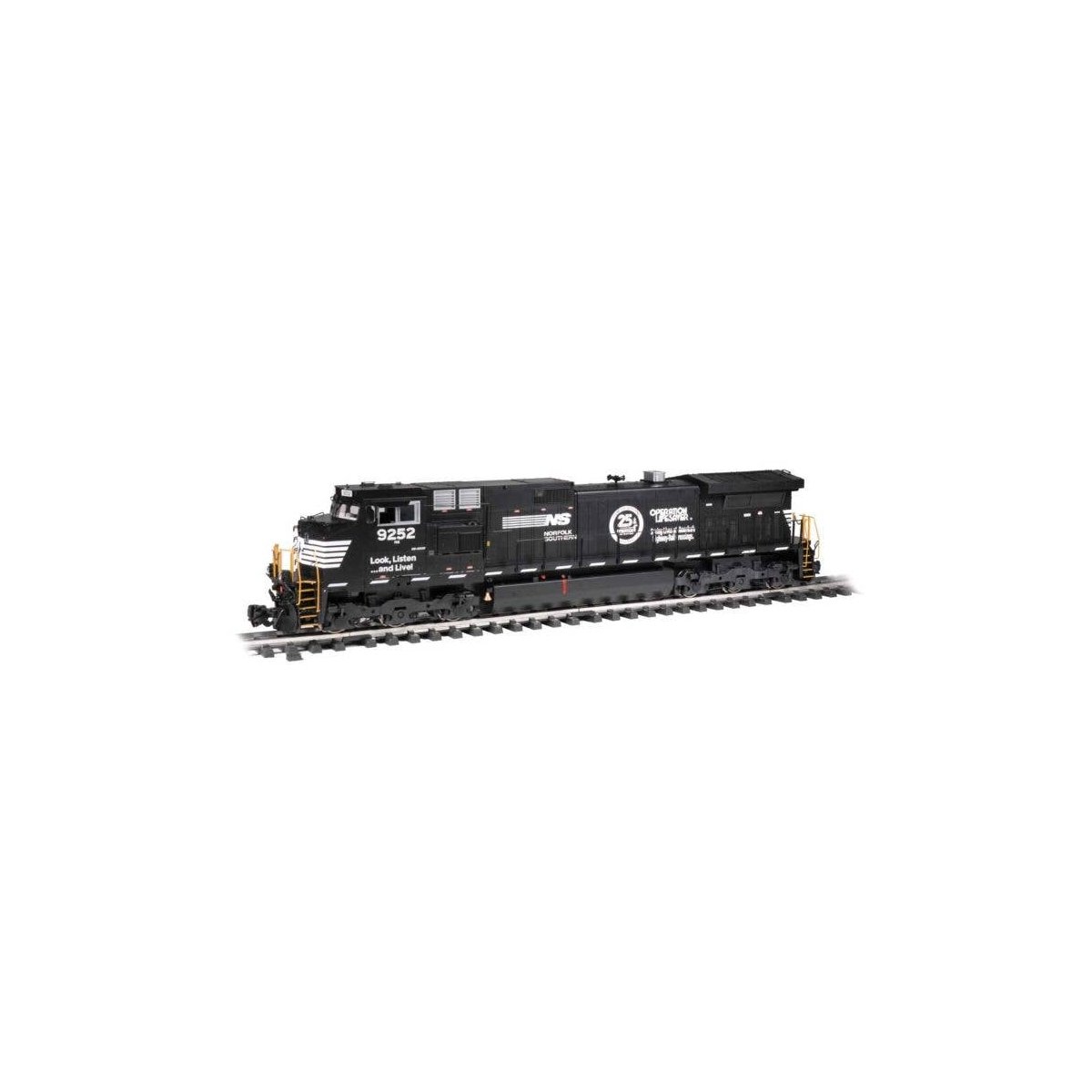 GE Dash 9-44CW - Standard DC -- Norfolk Southern 9252 (black, white, Operation Lifesaver), G, Bachmann Industries 90908