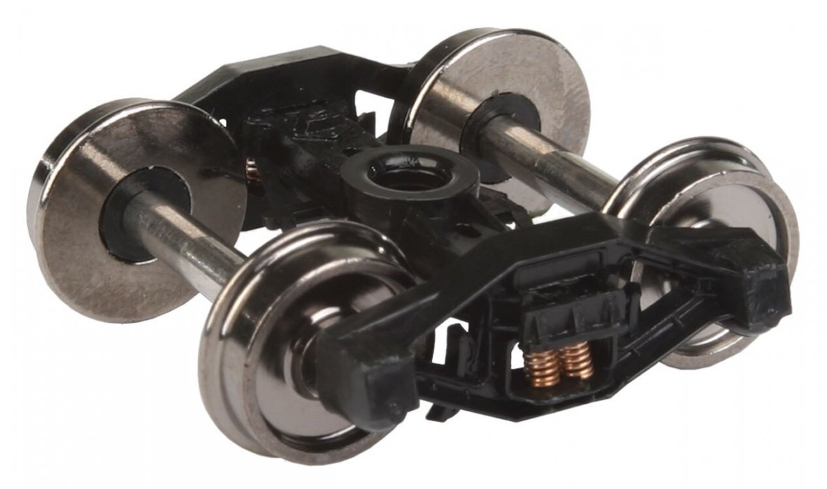 Sprung Plastic Trucks w/33′ Metal RP-25 Wheels & Axles -- T-Section Bettendorf - 1 Pair, HO, WalthersProto 2007