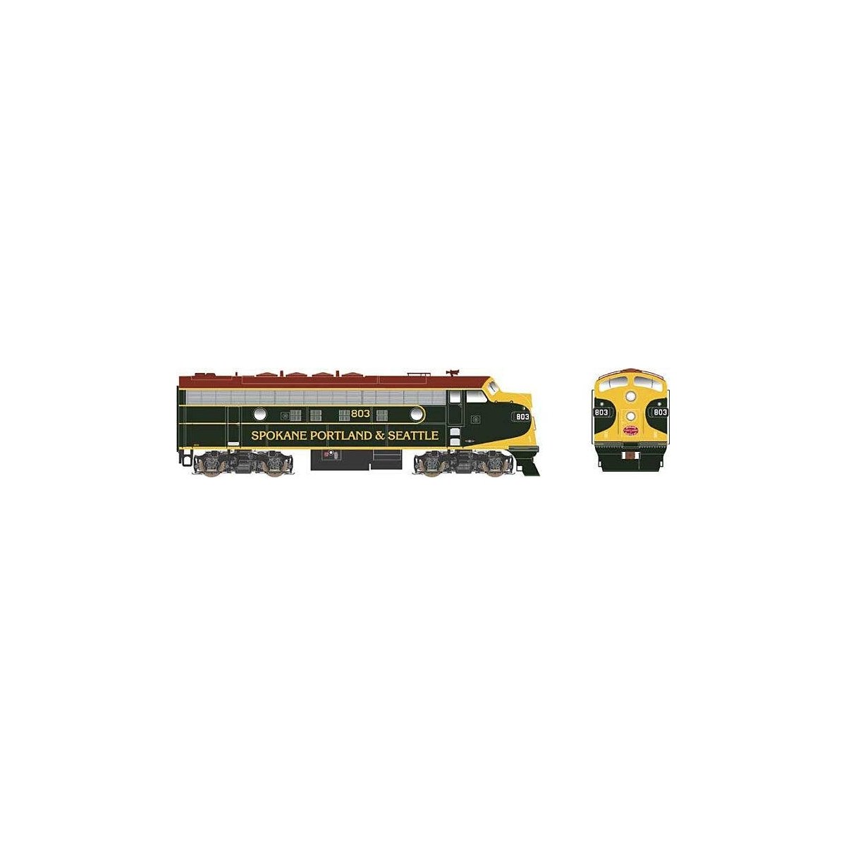 EMD F7A w/LokSound & DCC - Executive Line -- Spokane, Portland & Seattle 803 (Hour Glass, black, yellow, Tuscan), HO, Bowser Man