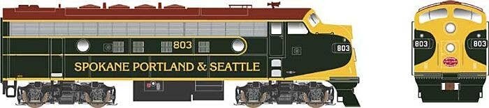 EMD F7A w/LokSound & DCC - Executive Line -- Spokane, Portland & Seattle 803 (Hour Glass, black, yellow, Tuscan), HO, Bowser Man