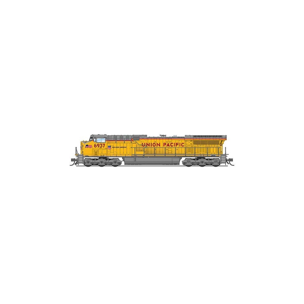 GE AC6000CW - Sound & DCC - Paragon4(TM) -- Union Pacific 6965 (2022, Armour Yellow, gray, red, Small Flag), N, Broadway Limited