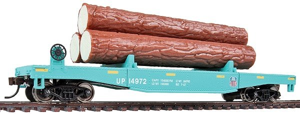 Log Dump Car with 3 Logs - Ready to Run -- Union Pacific 14972 (MOW Scheme green, yellow Conspi, HO, WalthersTrainline 1773