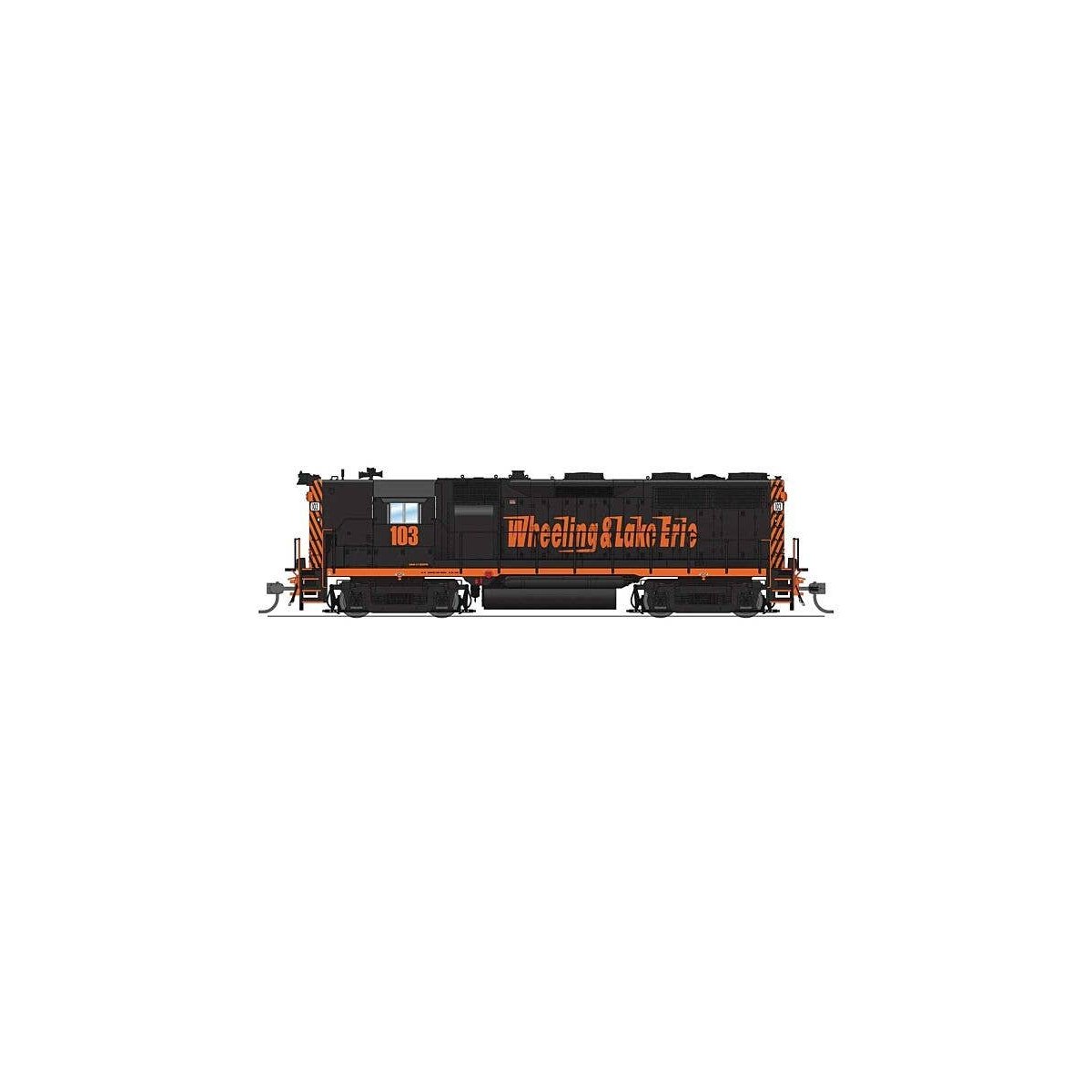 EMD GP35 High Nose - Standard DC - Stealth -- Wheeling & Lake Erie 105 (black, orange, Speed Lettering), HO, Broadway Limited Im