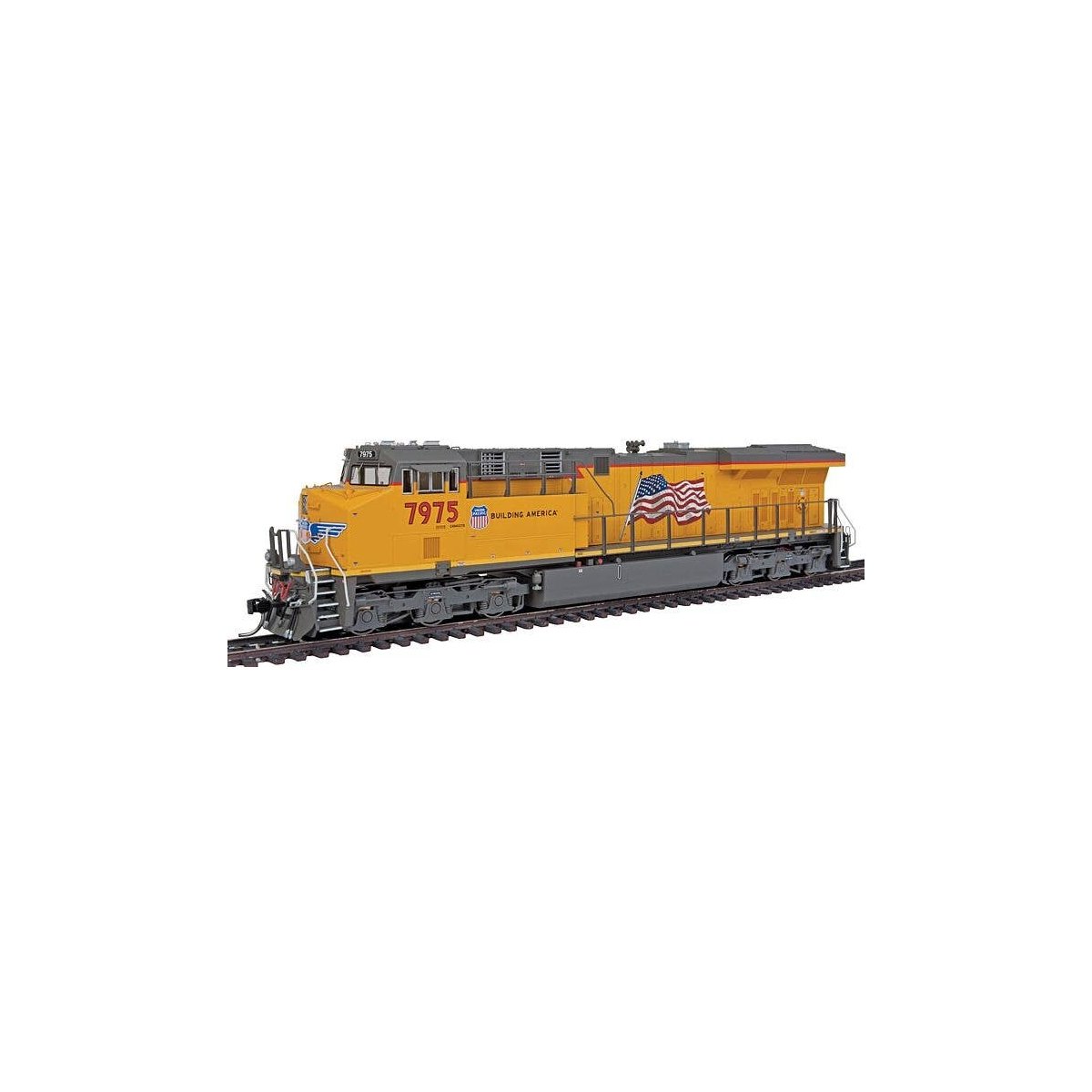 GE ES44AC w/DCC -- Union Pacific (Armour Yellow, gray, US Flag, Building America Logo), HO, Intermountain Railway Company 49741