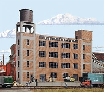 River City Textiles Background Building -- Kit - 12-7/8 x 2-3/8 x 11-1/8′ 32.1 x 5.9 x 27.8, HO, Walthers Cornerstone 3178