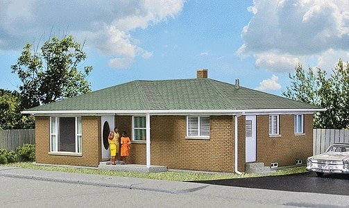 Ranch Tract House -- Kit - 5-1/2 x 4-1/8 x 2-1/4′ 13.9 x 10.4 x 5.7cm, HO, Walthers Cornerstone 3777