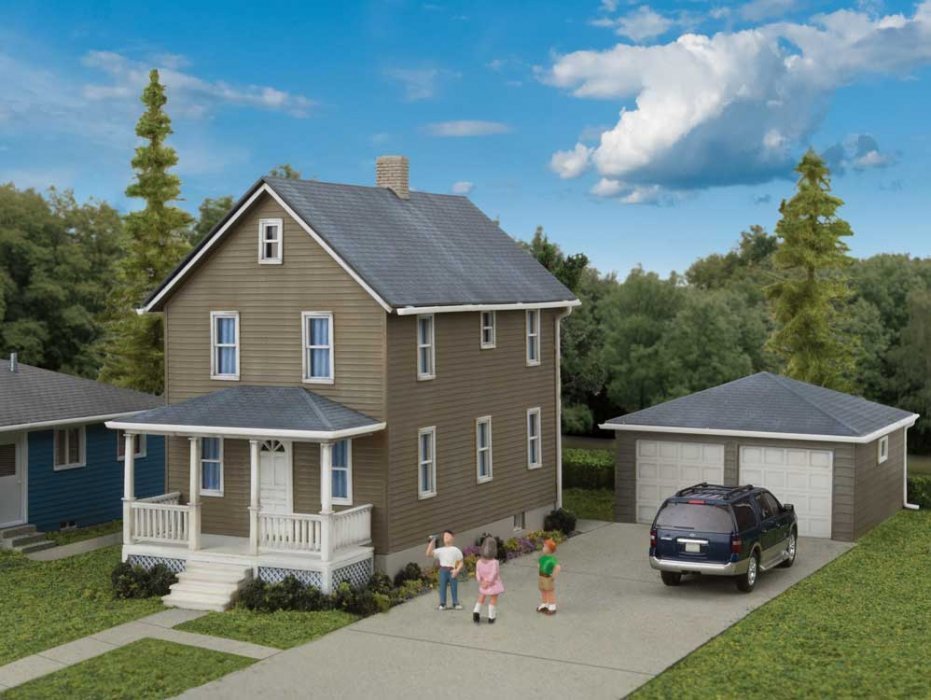 Two-Story House with Garage -- Kit - 5 x 2-1/2 x 4-1/16 12.7 x 6.3 x 10.3cm, HO, Walthers Cornerstone 3792