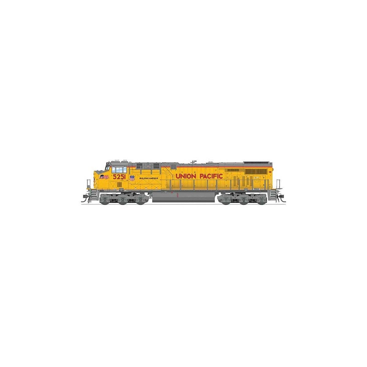 GE ES44AC - Standard DC - Stealth -- Union Pacific 5251 (Armour Yellow, gray, red, 2022 Small Flag), HO, Broadway Limited Import