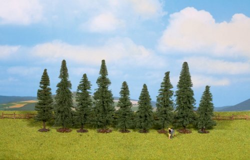 Fir Trees pkg(9) -- 3-1/8 to 4-3/4′ 8 to 12cm Tall w/Flat Base, HO, Walthers SceneMaster 1160