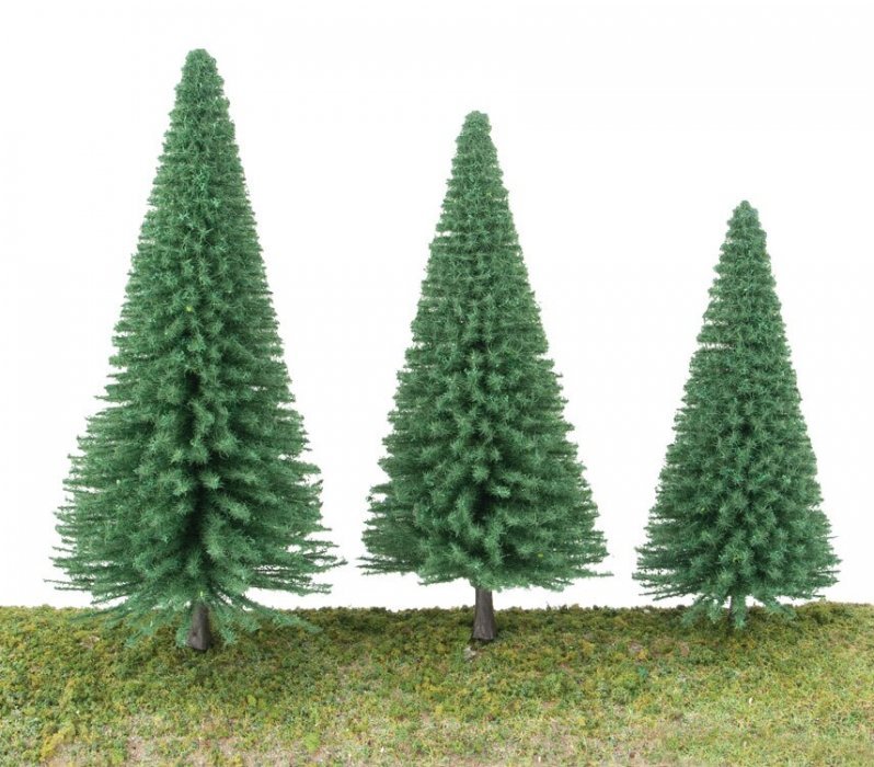 Pine Trees pkg(10) -- 5-1/2 to 7-3/8′ 14 to 18cm (Includes Pin Base), All Scales, Walthers SceneMaster 1181