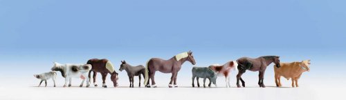 Large Farm Animals -- 9 Assorted Horses and Cattle, HO, Walthers SceneMaster 6073