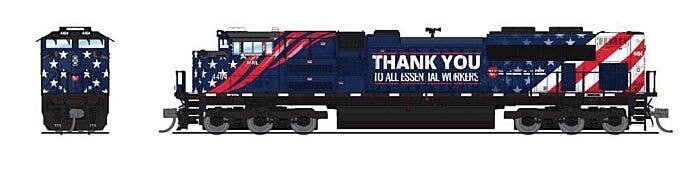 EMD SD70ACe - Standard DC - Stealth -- Montana Rail Link 4404 (Essential Workers Tribute, blue, white, red), N, Broadway Limited
