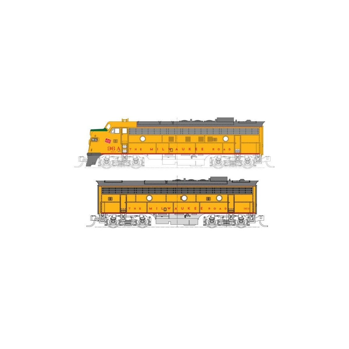 EMD FP7A-F7B Set - Sound and DCC -- Milwaukee Road 96A, 96B (Post 1955, Armour Yellow, gray, red), N, Kato USA Inc 1060432S
