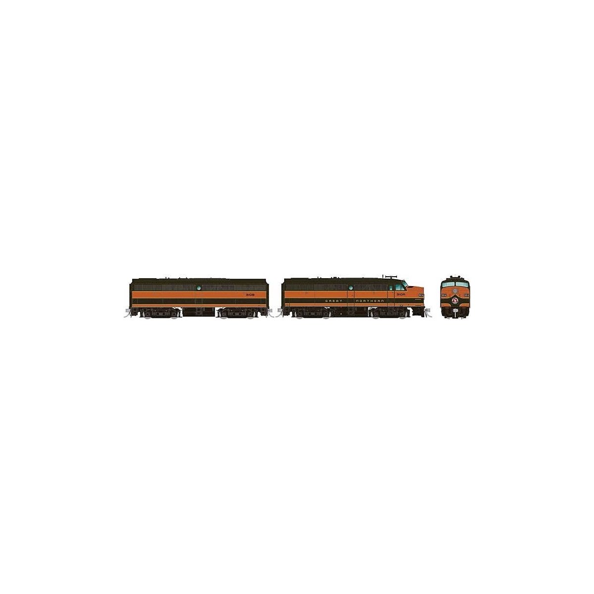 Alco FA1-FB1 Set - Standard DC -- Great Northern 442A, 442B (Pullman Green, Omaha Orange, yellow), HO, Rapido Trains Inc 37020