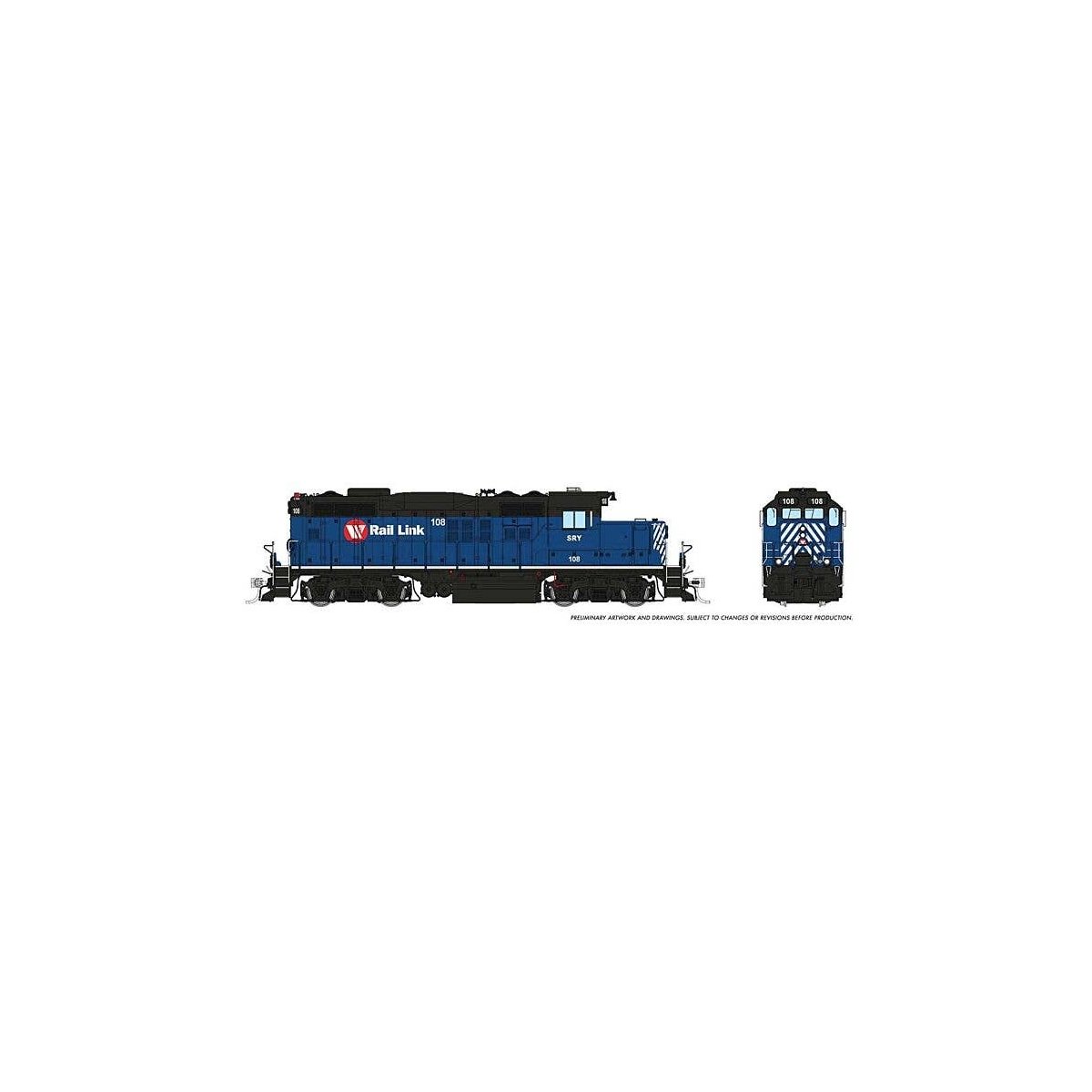 GP9u Low-Nose Rebuild - Standard DC -- Southern Railway of British Columbia 108 (blue, black, white, red), HO, Rapido Trains Inc