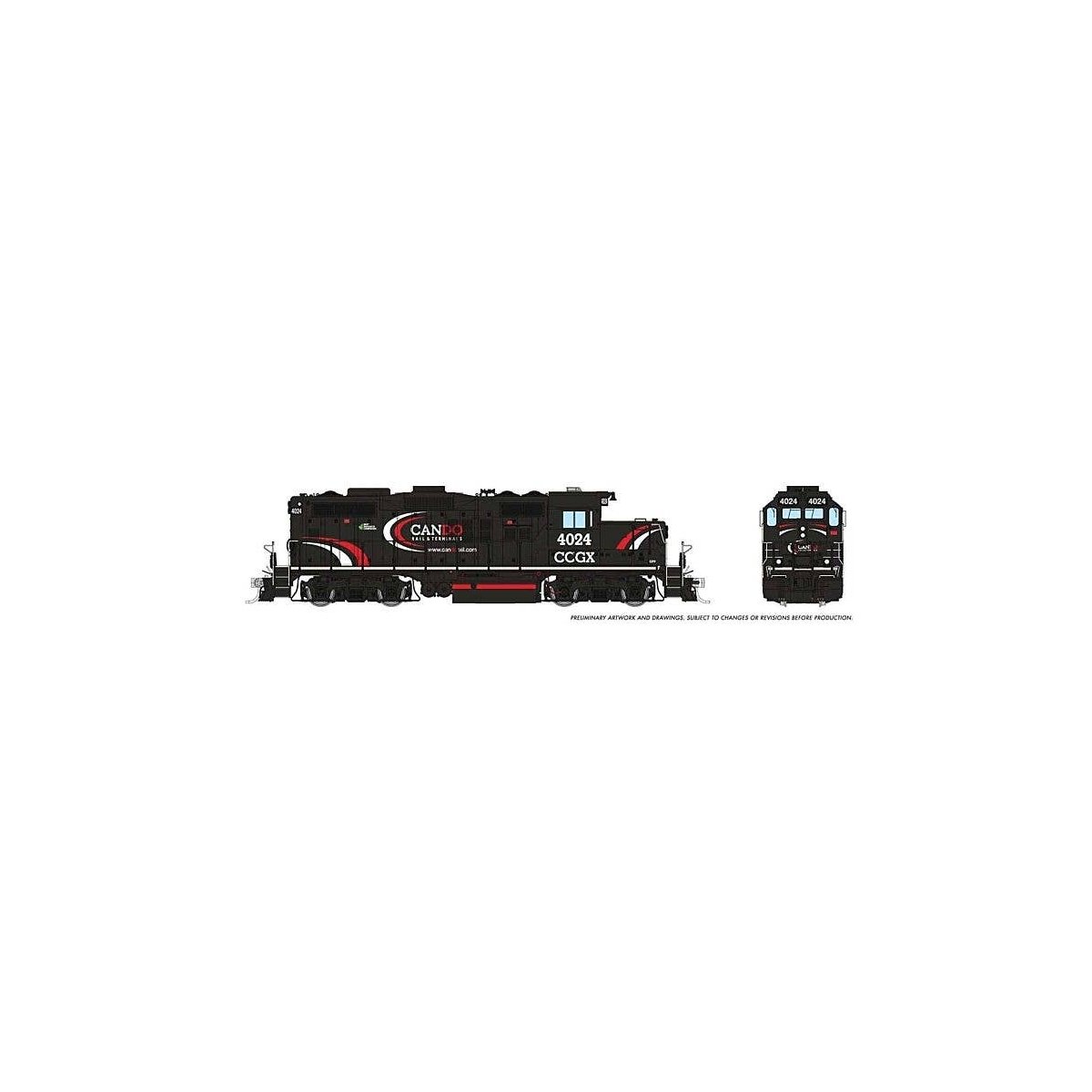 GP9u Low-Nose Rebuild - Standard DC -- Cando Contracting CCGX 4024 (black, white, red), HO, Rapido Trains Inc 54522