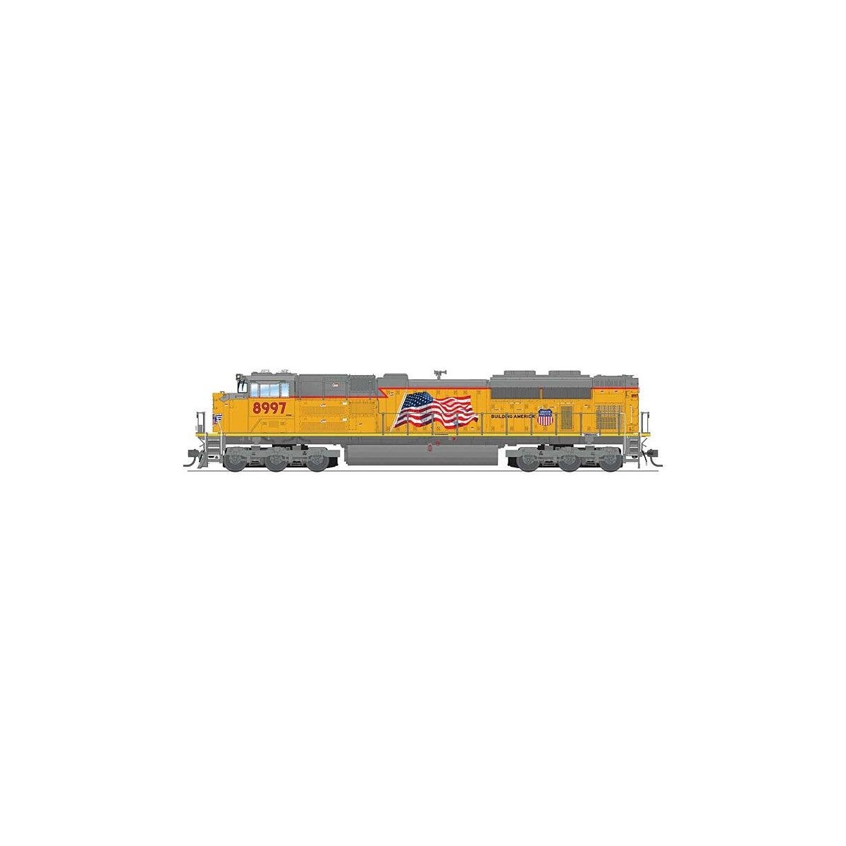 EMD SD70ACe - Standard DC - Stealth Series -- Union Pacific 8997 (Armour Yellow, gray, Large Flag, Building America Logo), HO, B