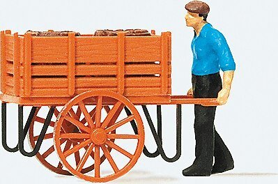 Individual Figure -- Worker Pushing Handcart with Load of Barrels, HO, Preiser Kg 28131