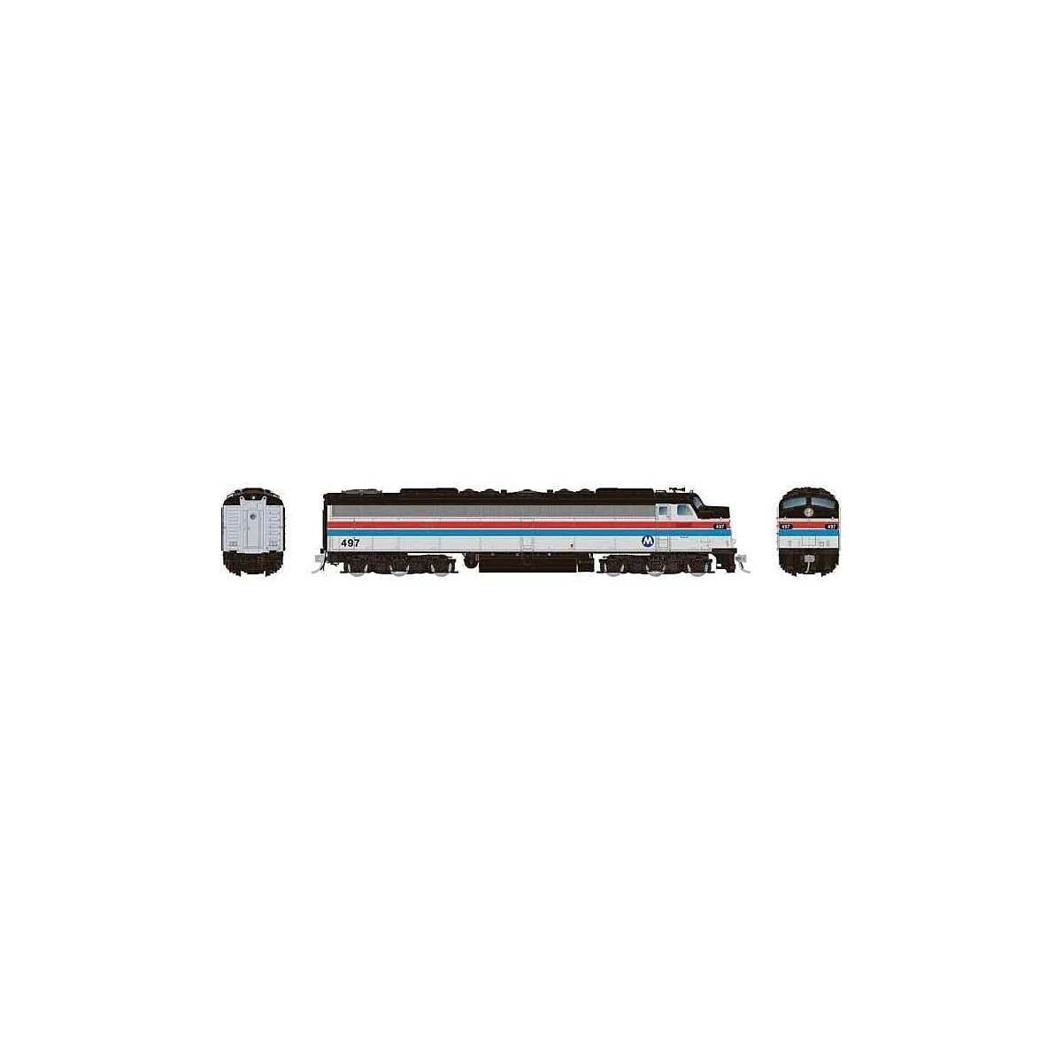 Rebuilt EMD E8A with Head-End Power HEP - LokSound & DCC -- Metro North 497 (Ex-Amtrak Phase II, silver, red, blue, white, black