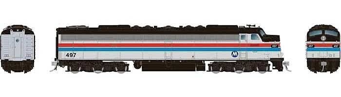 Rebuilt EMD E8A with Head-End Power HEP - LokSound & DCC -- Metro North 497 (Ex-Amtrak Phase II, silver, red, blue, white, black