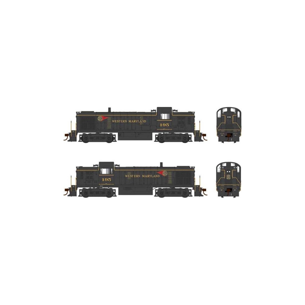 Alco RS3 Phase 3 - LokSound & DCC -- Western Maryland 196 (As-Delivered, black, yellow, red Fireball Logo), HO, Bowser Manufactu