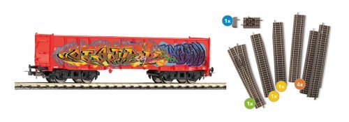 Add-On Set – Freight Car Eaos with Graffiti and Track Extension (Track with Roadbed), HO, PIKO 55380