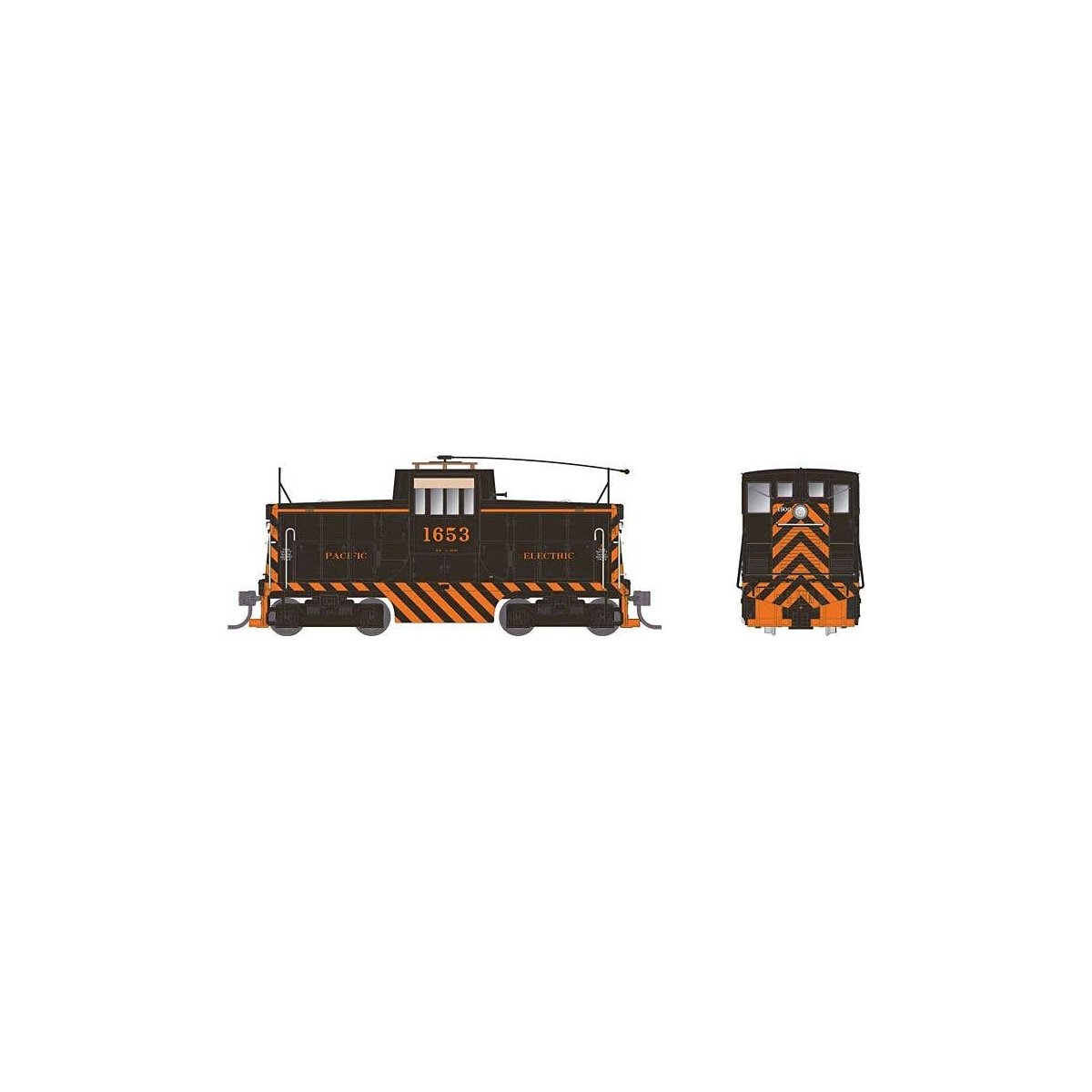 GE 44-Tonner - Sound and DCC -- Pacific Electric Railway 1653 (Tiger Stripe with Trolley Pole, black, orang, HO, Rapido Trains I