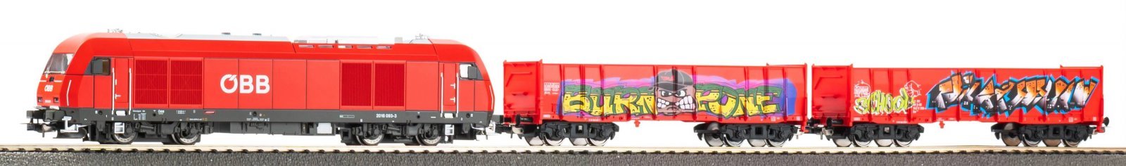 Starter Set kids Freight Train Rh 2016 ÖBB with two open Freight Car Eaos, HO, PIKO 57033