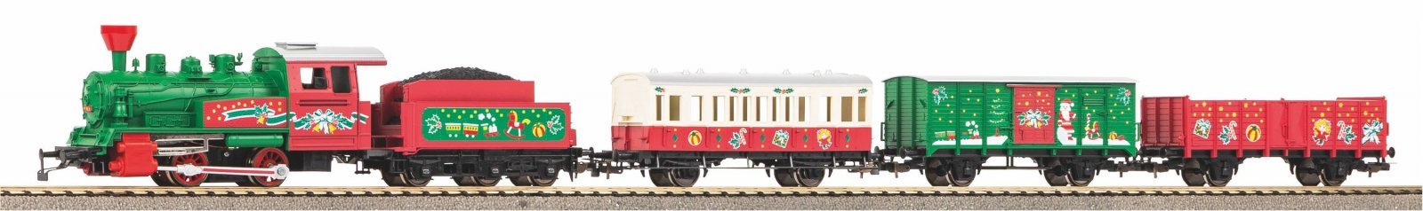 Starter Set Christmal Steam loco+ 3 Coaches, PIKO A-Track w. Railbed, HO, PIKO 57081