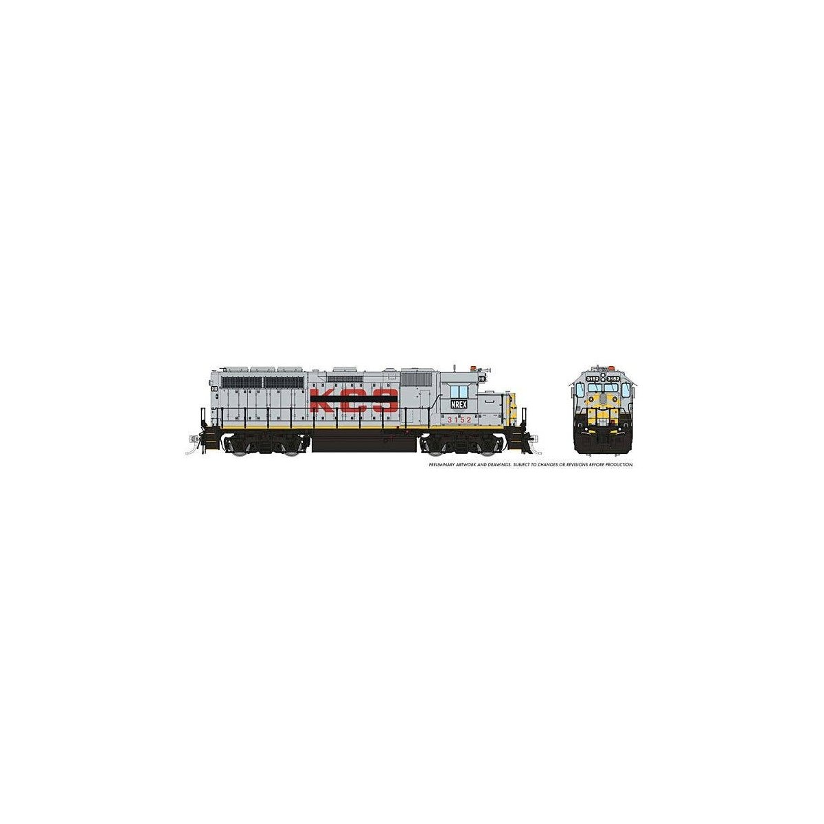 EMD GP40 - Standard DC -- National Railway Rquipment 3152 (Ex-KCS, gray, red, yellow), HO, Rapido Trains Inc 40042