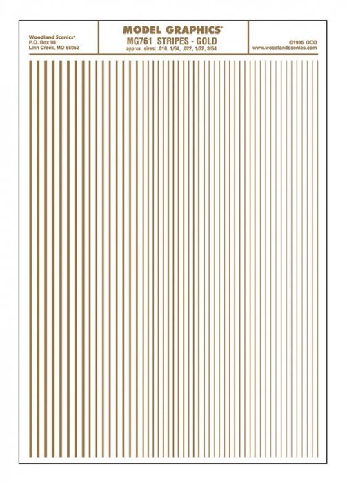Dry Transfer Stripes - .010, 1/64, .022, 1/32 & 3/64′ Wide, ALL Scales, Woodland Scenics 761
