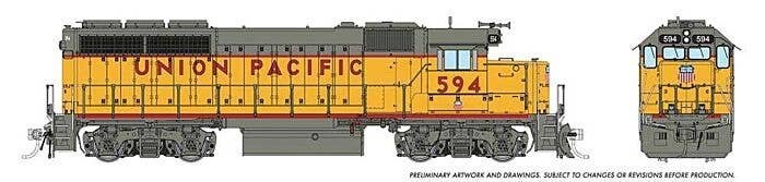 EMD GP40 - Standard DC -- Union Pacific 594 (1997, Armour Yellow, gray, red, red Frame Stripe), HO, Rapido Trains Inc 40028