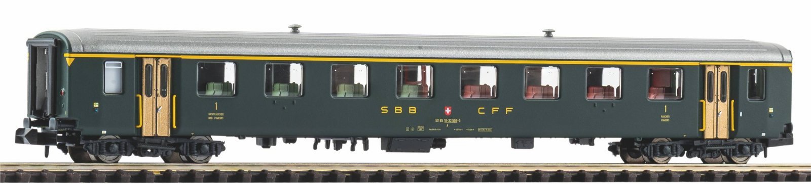 N-Passenger Car EW I, 1.Class, 50 85 18- 33 556-9 green with old lettering, SBB, Era IV, N, PIKO 94383