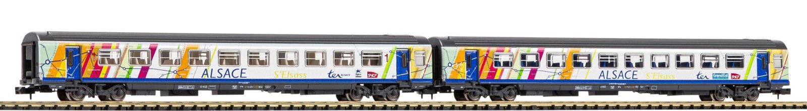 N-2-Piece Set Corail Car ALSACE 1.+2.Class SNCF VI, N, PIKO 94509