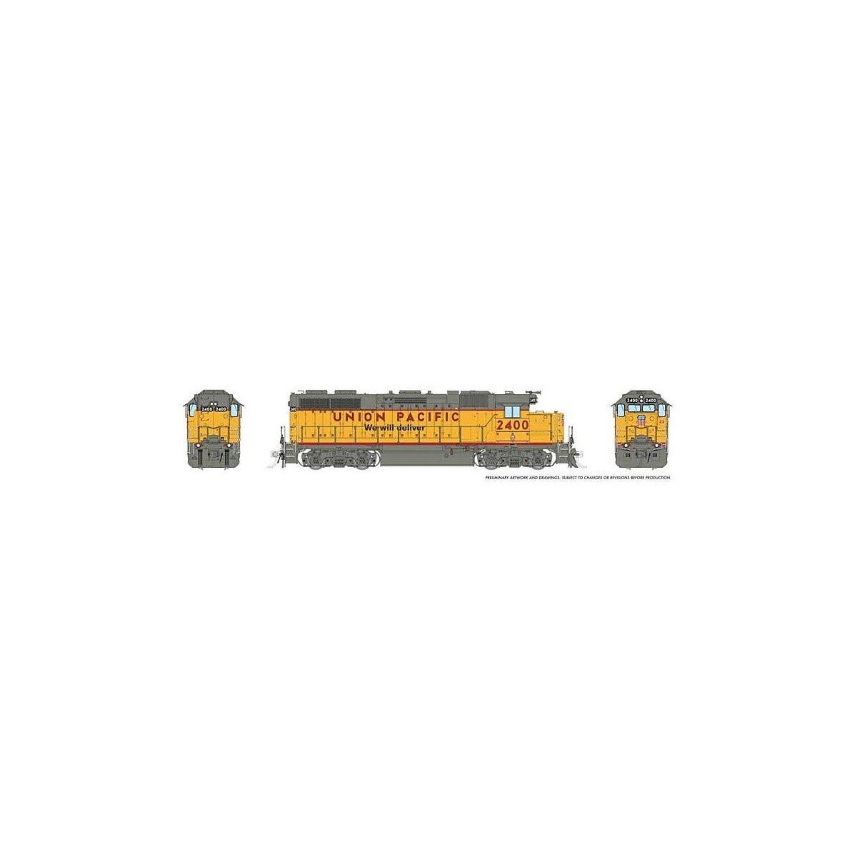 EMD GP38 Low Nose - Standard DC -- Union Pacific 2408 (-3 Rebuild, Armour Yellow, gray, We Will Deliver Slogan, HO, Rapido Train