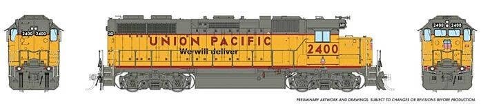 EMD GP38 Low Nose - Standard DC -- Union Pacific 2408 (-3 Rebuild, Armour Yellow, gray, We Will Deliver Slogan, HO, Rapido Train